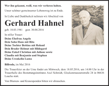 Traueranzeige von Gerhard Hahnel von Thüringer Allgemeine