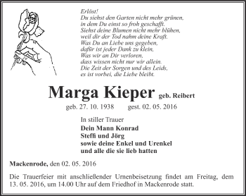 Traueranzeige von Marga Kieper von Thüringer Allgemeine