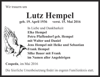 Traueranzeige von Lutz Hempel von Ostthüringer Zeitung, Thüringische Landeszeitung