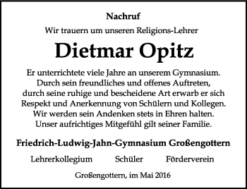 Traueranzeige von Dietmar Opitz von Thüringer Allgemeine, Thüringische Landeszeitung