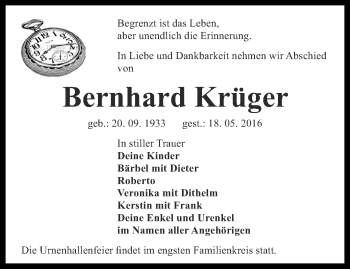 Traueranzeige von Bernhard Krüger