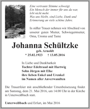 Traueranzeige von Johanna Schültzke von Ostthüringer Zeitung