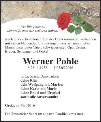 Traueranzeige von Werner Pohle von Ostthüringer Zeitung