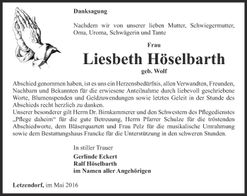 Traueranzeige von Liesbeth Höselbarth von Ostthüringer Zeitung