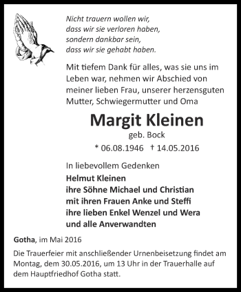 Traueranzeige von Margit Kleinen von Ostthüringer Zeitung, Thüringische Landeszeitung