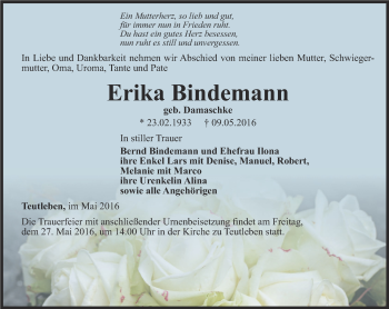 Traueranzeige von Erika Bindemann von Ostthüringer Zeitung, Thüringische Landeszeitung