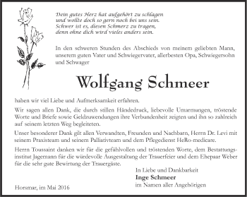 Traueranzeige von Wolfgang Schmeer von Thüringer Allgemeine, Thüringische Landeszeitung