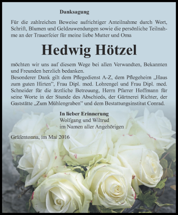 Traueranzeige von Hedwig Hötzel von Thüringer Allgemeine, Thüringische Landeszeitung