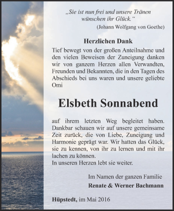 Traueranzeige von Elsbeth Sonnabend von Thüringer Allgemeine, Thüringische Landeszeitung