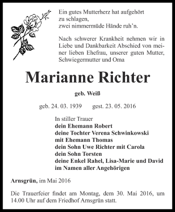 Traueranzeige von Marianne Richter von Ostthüringer Zeitung