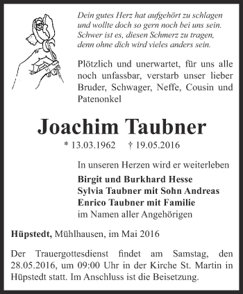 Traueranzeige von Joachim Taubner von Thüringer Allgemeine, Thüringische Landeszeitung