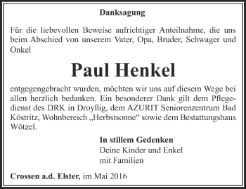 Traueranzeige von Paul Henkel von Ostthüringer Zeitung