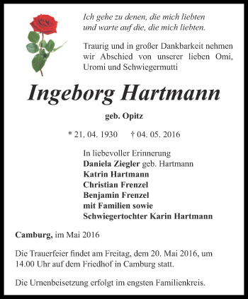 Traueranzeige von Ingeborg Hartmann von Ostthüringer Zeitung, Thüringische Landeszeitung