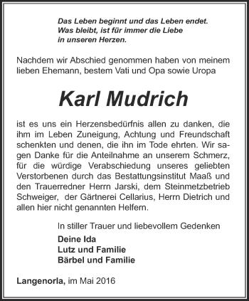 Traueranzeige von Karl Mudrich von Ostthüringer Zeitung