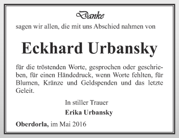 Traueranzeige von Eckhard Urbansky von Thüringer Allgemeine, Thüringische Landeszeitung