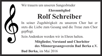 Traueranzeige von Rolf Schreiber von Thüringer Allgemeine, Thüringische Landeszeitung