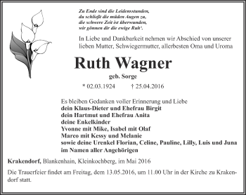 Traueranzeige von Ruth Wagner von Thüringer Allgemeine, Thüringische Landeszeitung