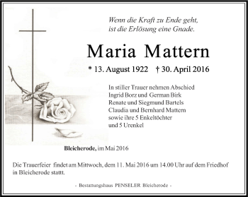 Traueranzeige von Maria Mattern von Thüringer Allgemeine