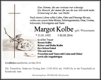 Traueranzeige von Margot Kolbe von Thüringer Allgemeine