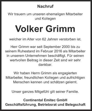 Traueranzeige von Volker Grimm von Thüringer Allgemeine, Thüringische Landeszeitung