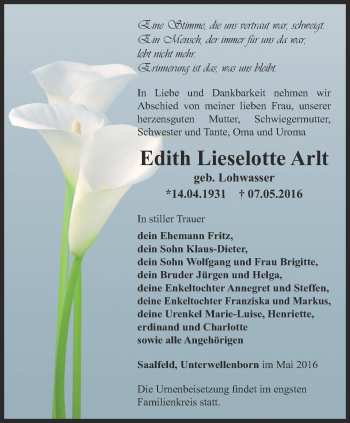 Traueranzeige von Edith Lieselotte Arlt von Ostthüringer Zeitung