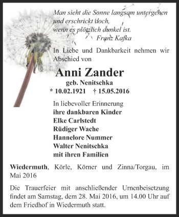 Traueranzeige von Anni Zander von Thüringer Allgemeine, Thüringische Landeszeitung