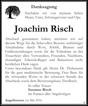 Traueranzeige von Joachim Risch von Thüringer Allgemeine