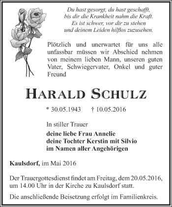 Traueranzeige von Harald Schulz von Ostthüringer Zeitung