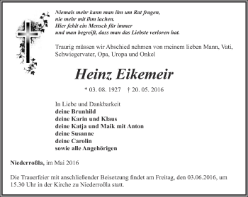 Traueranzeige von Heinz Eikemeir von Thüringer Allgemeine, Thüringische Landeszeitung