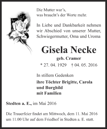 Traueranzeige von Gisela Necke von Thüringer Allgemeine, Thüringische Landeszeitung