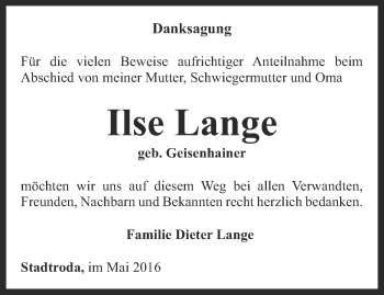 Traueranzeige von Ilse Lange von Ostthüringer Zeitung