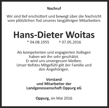 Traueranzeige von Hans- Dieter Woitas von Ostthüringer Zeitung