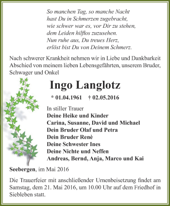 Traueranzeige von Ingo Langlotz von Ostthüringer Zeitung, Thüringische Landeszeitung