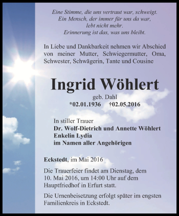 Traueranzeige von Ingrid Wöhlert von Thüringer Allgemeine, Thüringische Landeszeitung