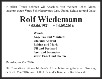 Traueranzeige von Rolf Wiedemann von Thüringer Allgemeine, Thüringische Landeszeitung