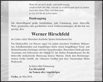 Traueranzeige von Werner Hirschfeld von Ostthüringer Zeitung, Thüringische Landeszeitung