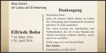 Traueranzeige von Elfriede Bohn von Ostthüringer Zeitung