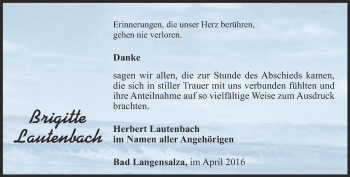 Traueranzeige von Brigitte Lautenbach von Thüringer Allgemeine, Thüringische Landeszeitung