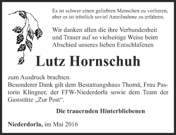 Traueranzeige von Lutz Hornschuh von Thüringer Allgemeine, Thüringische Landeszeitung