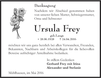 Traueranzeige von Ursula Frey von Thüringer Allgemeine, Thüringische Landeszeitung