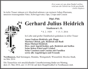 Traueranzeige von Gerhard Julius Heidrich von Thüringer Allgemeine