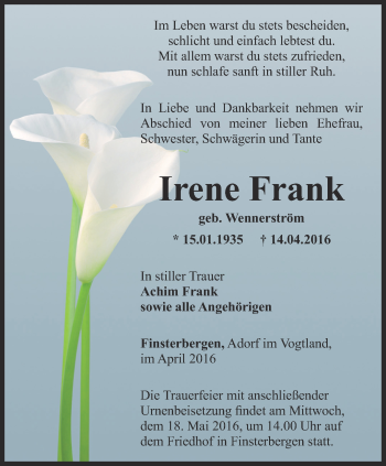 Traueranzeige von Irene Frank von Ostthüringer Zeitung, Thüringische Landeszeitung