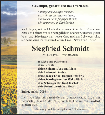 Traueranzeige von Siegfried Schmidt von Thüringer Allgemeine