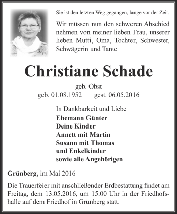 Traueranzeige von Christiane Schade von Ostthüringer Zeitung