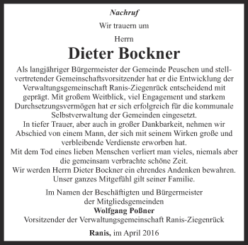 Traueranzeige von Dieter Bockner von Ostthüringer Zeitung