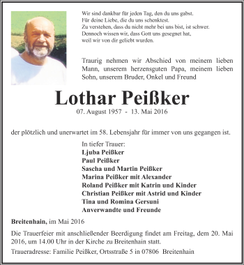 Traueranzeige von Lothar Peißker von Ostthüringer Zeitung