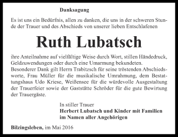 Traueranzeige von Ruth Lubatsch von Thüringer Allgemeine