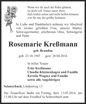 Traueranzeige von Rosemarie Kreßmann von Ostthüringer Zeitung, Thüringische Landeszeitung