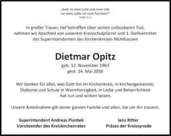 Traueranzeige von Dietmar Opitz von Thüringer Allgemeine, Thüringische Landeszeitung