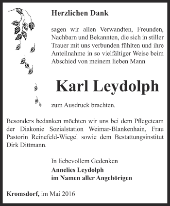 Traueranzeige von Karl Leydolph von Thüringer Allgemeine, Thüringische Landeszeitung